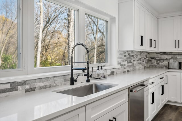 kitchen with sink, white cabinets, stainless steel dishwasher, and plenty of natural light