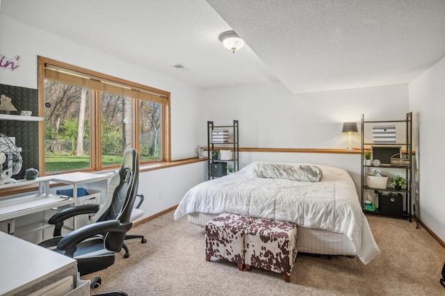 carpeted bedroom with a textured ceiling