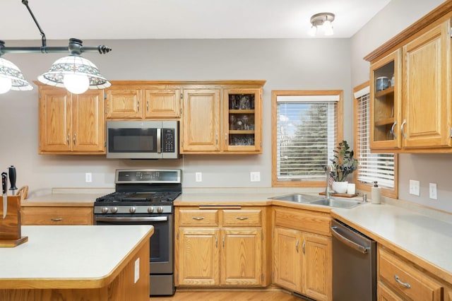 kitchen with hanging light fixtures, sink, stainless steel appliances, and light hardwood / wood-style floors