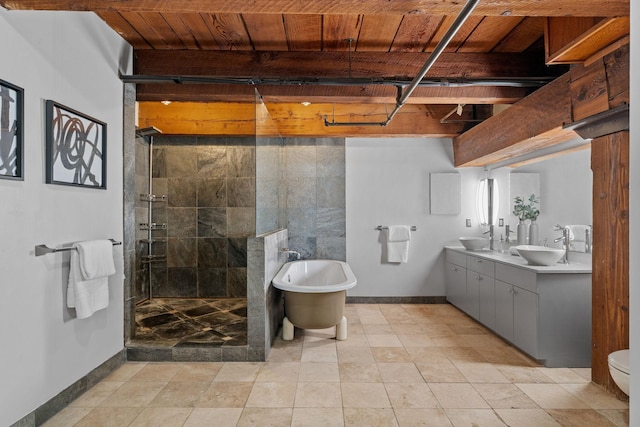 full bathroom with vanity, wooden ceiling, toilet, independent shower and bath, and beam ceiling