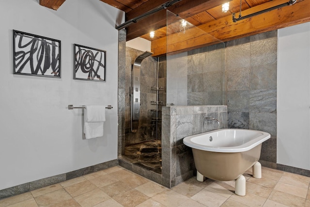 bathroom with wood ceiling and independent shower and bath