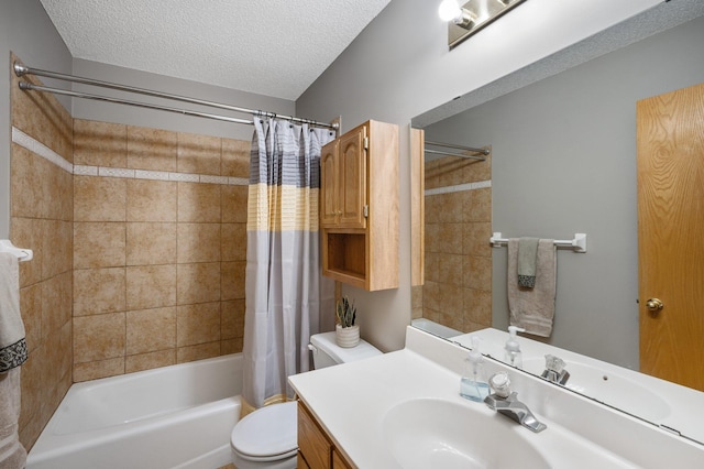 full bathroom featuring vanity, shower / bath combination with curtain, a textured ceiling, and toilet