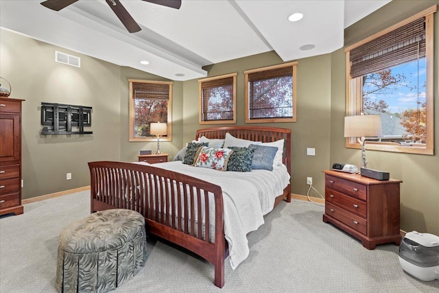 bedroom with light carpet and ceiling fan