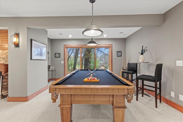 rec room featuring light carpet and pool table