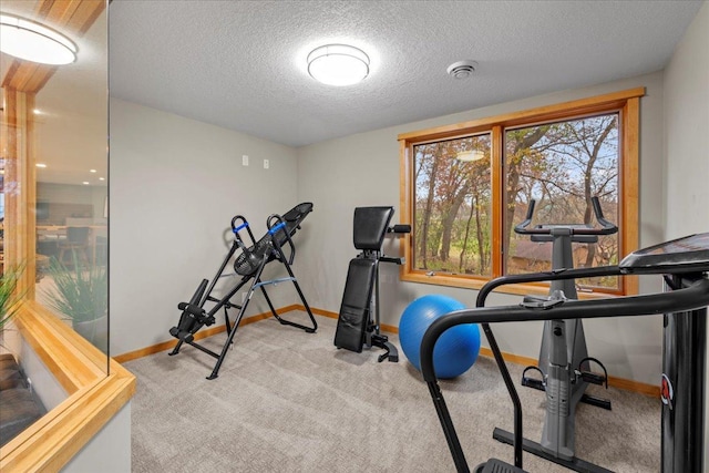 exercise area with light carpet and a textured ceiling