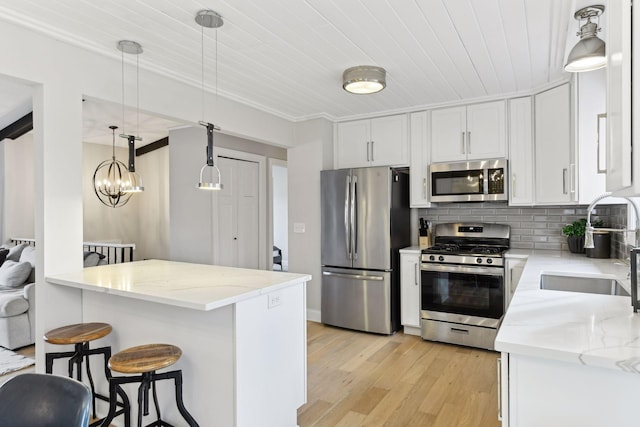 kitchen featuring white cabinetry, sink, stainless steel appliances, wooden ceiling, and pendant lighting