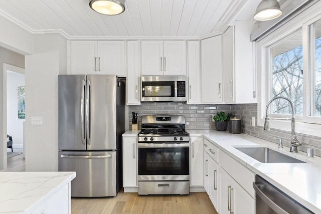 kitchen with backsplash, sink, white cabinetry, and stainless steel appliances