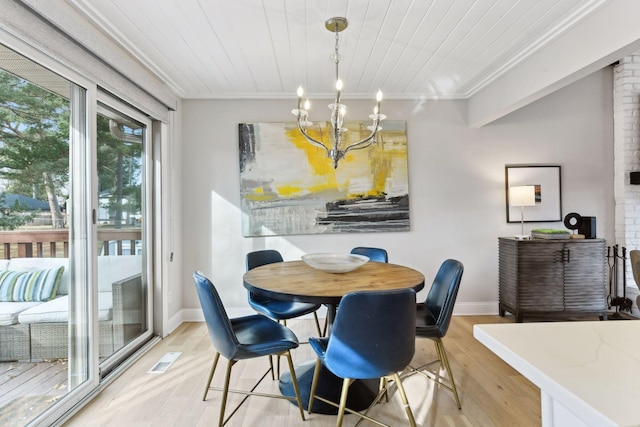 dining room with light wood-type flooring, wood ceiling, ornamental molding, and a notable chandelier