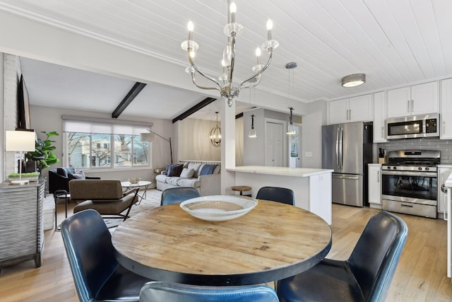 dining area featuring a chandelier, beam ceiling, light hardwood / wood-style floors, and wood ceiling