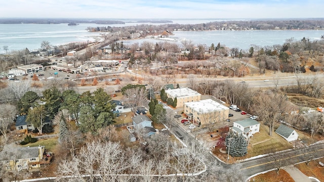 drone / aerial view with a water view