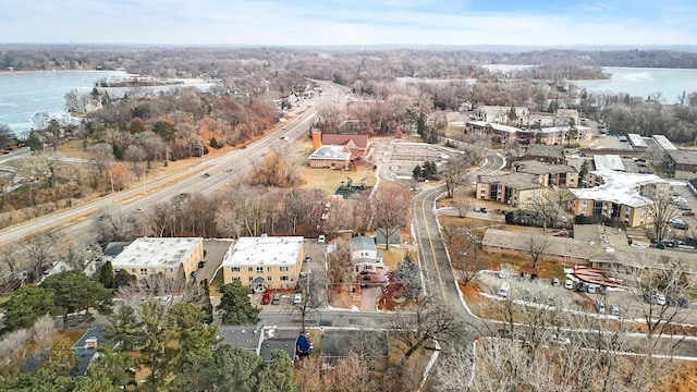 drone / aerial view featuring a water view