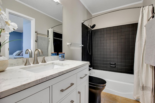 bathroom with ornamental molding, shower / bath combo, vanity, and tile patterned floors