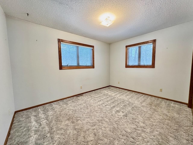 unfurnished room with carpet and a textured ceiling