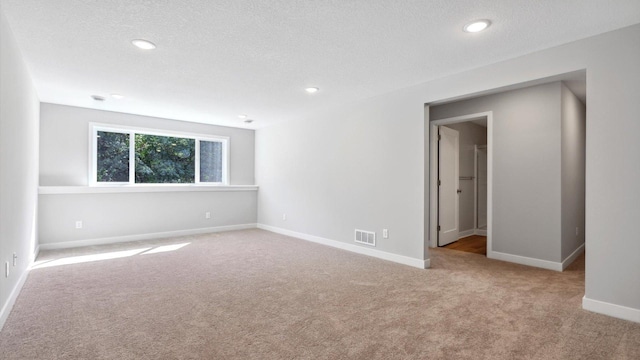 spare room with light carpet and a textured ceiling