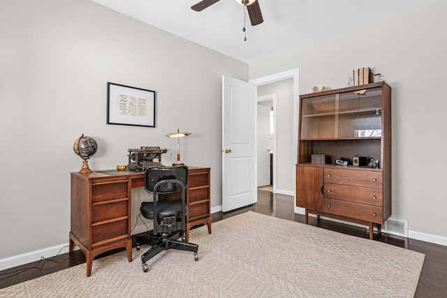 home office featuring ceiling fan and dark hardwood / wood-style floors