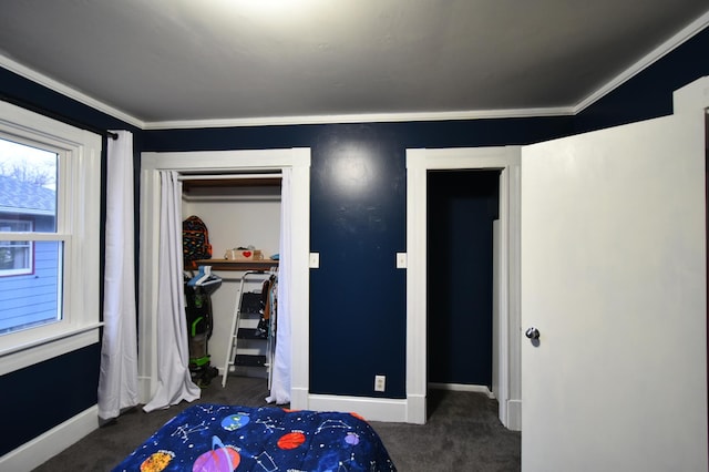 carpeted bedroom featuring crown molding and a closet