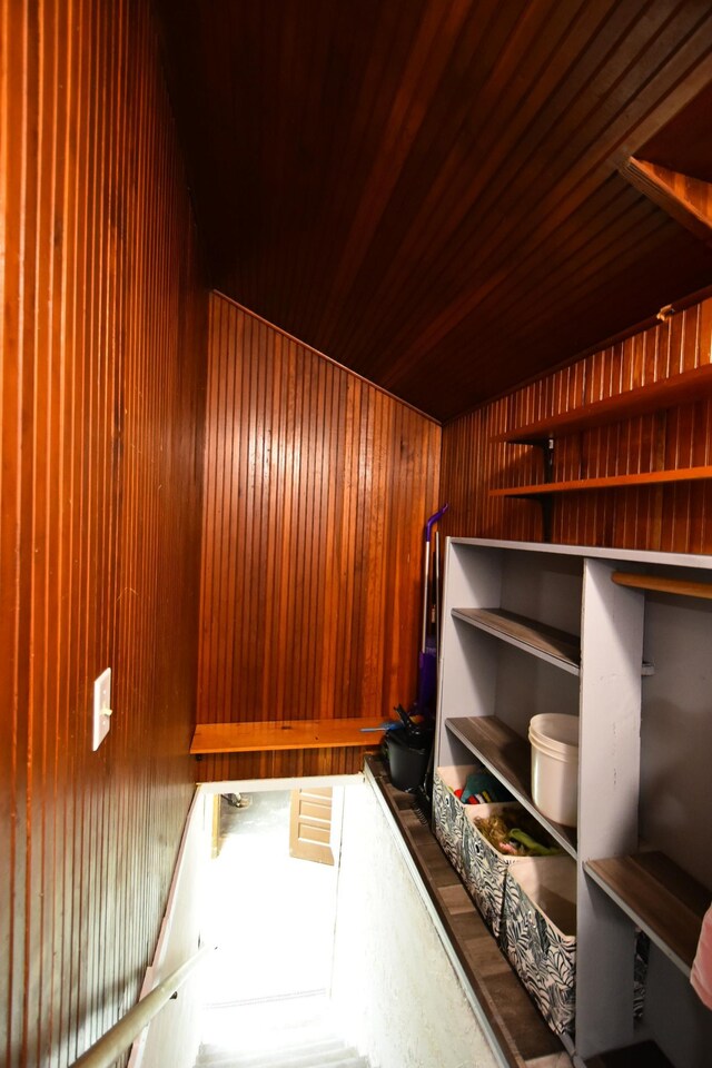 clothes washing area with wood walls