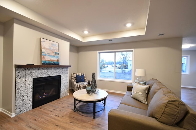 living room with a raised ceiling and hardwood / wood-style floors