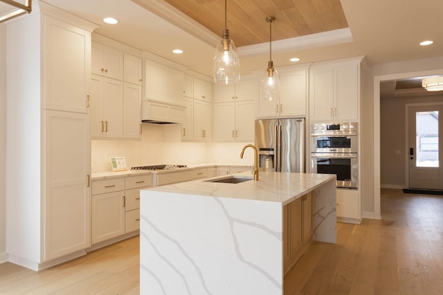 kitchen with white cabinetry, a tray ceiling, stainless steel appliances, and an island with sink