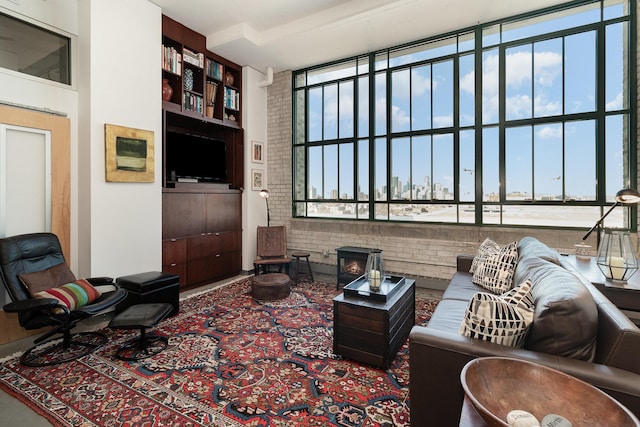 living room featuring built in shelves