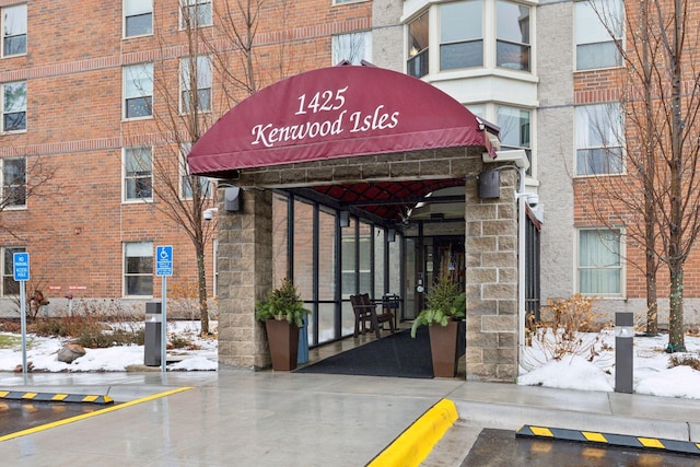 view of snow covered building