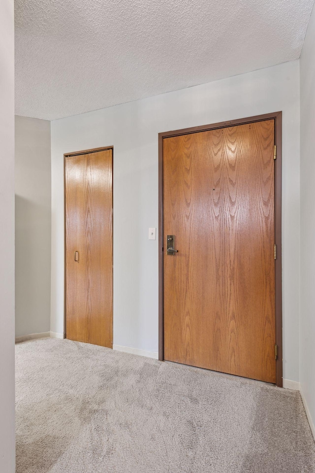 interior space featuring carpet flooring, a textured ceiling, and a closet