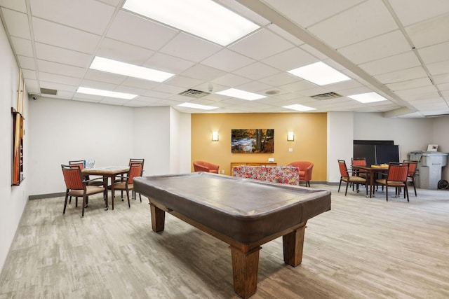 playroom featuring billiards, light wood-type flooring, and a drop ceiling