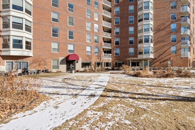 view of snow covered building