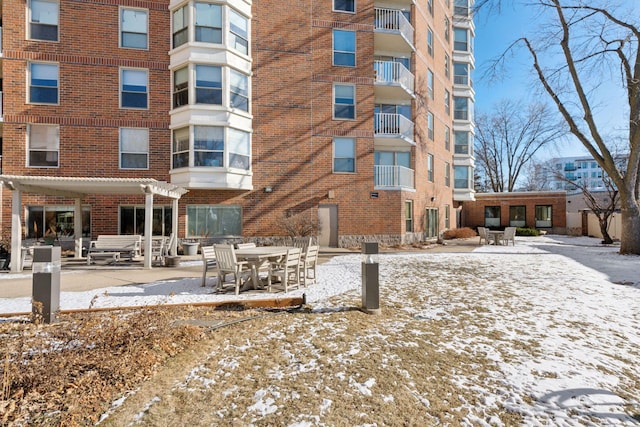 view of snow covered building