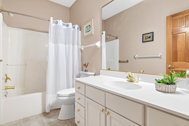 full bath with tile patterned floors, toilet, vanity, and shower / bathtub combination with curtain