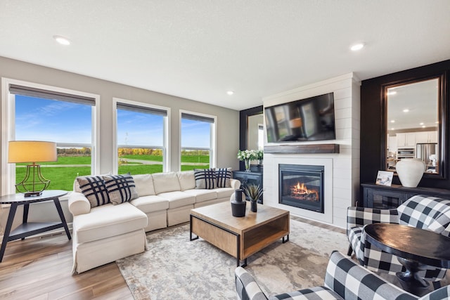 living room featuring a fireplace, light hardwood / wood-style flooring, and a textured ceiling