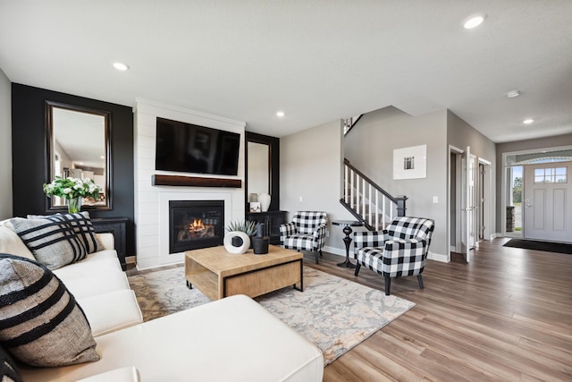 living room with a fireplace and wood-type flooring