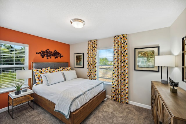 bedroom featuring carpet flooring and a textured ceiling