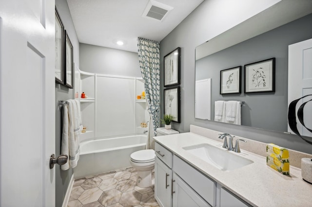 full bathroom with bathing tub / shower combination, vanity, and toilet