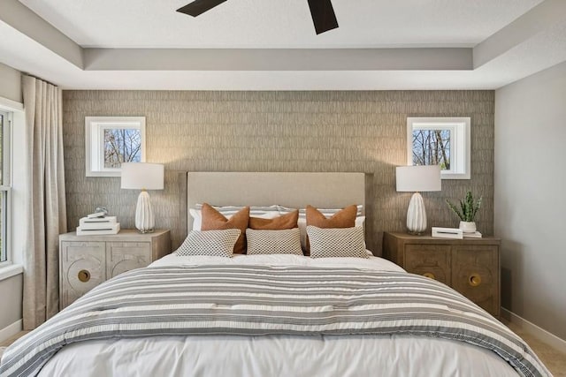 bedroom with a raised ceiling and ceiling fan