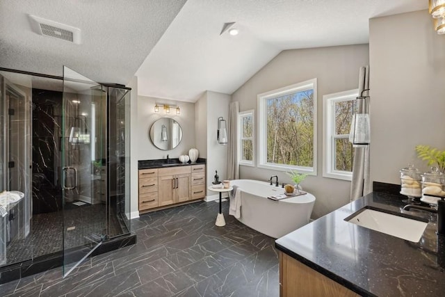 bathroom featuring plus walk in shower, a textured ceiling, vanity, and vaulted ceiling