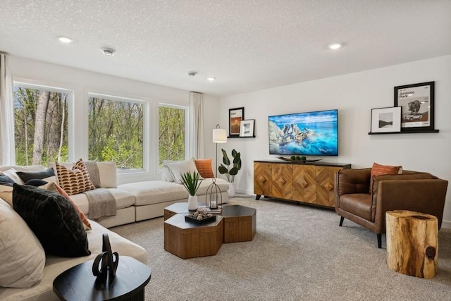 living room featuring light colored carpet and a textured ceiling