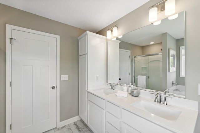 bathroom featuring plus walk in shower and vanity