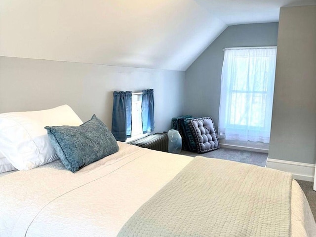 carpeted bedroom with lofted ceiling