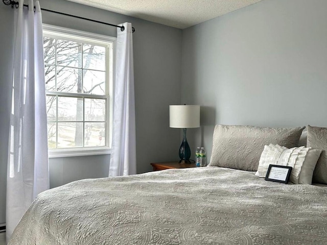 bedroom with multiple windows and a textured ceiling