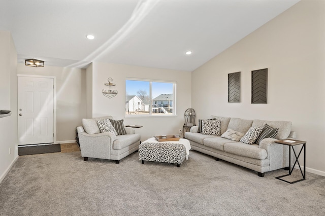 living area featuring carpet floors, recessed lighting, baseboards, and lofted ceiling