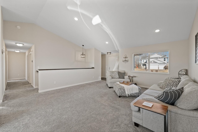 living room with vaulted ceiling, recessed lighting, carpet, and baseboards