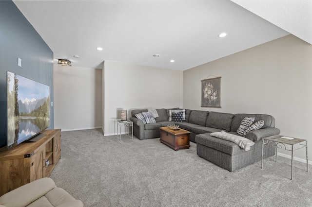 living room featuring baseboards, carpet flooring, and recessed lighting