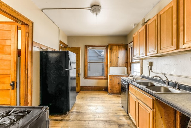 kitchen with sink, black appliances, and light hardwood / wood-style flooring