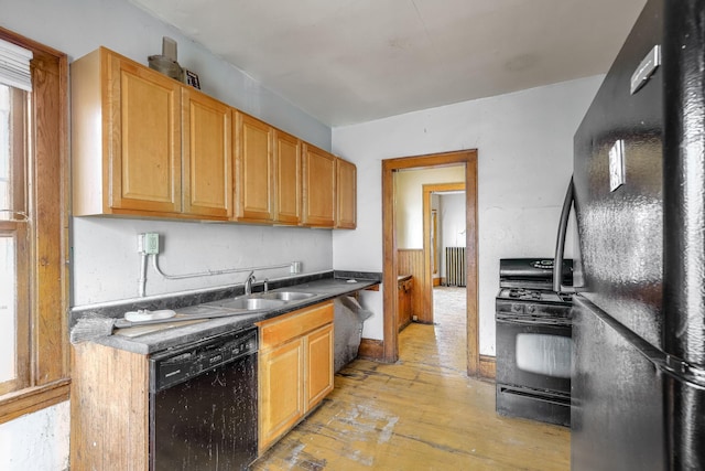 kitchen featuring black appliances, light hardwood / wood-style floors, and sink