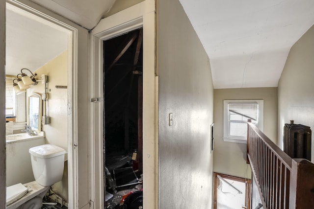 bathroom featuring toilet and lofted ceiling