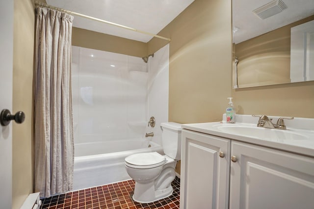 full bathroom with tile patterned floors, vanity, shower / tub combo with curtain, a baseboard radiator, and toilet