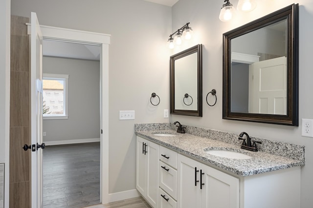 bathroom with double vanity, wood finished floors, baseboards, and a sink