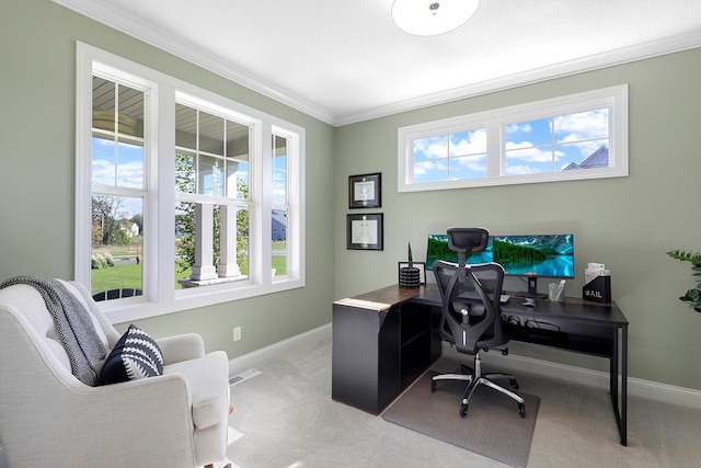 carpeted home office with crown molding