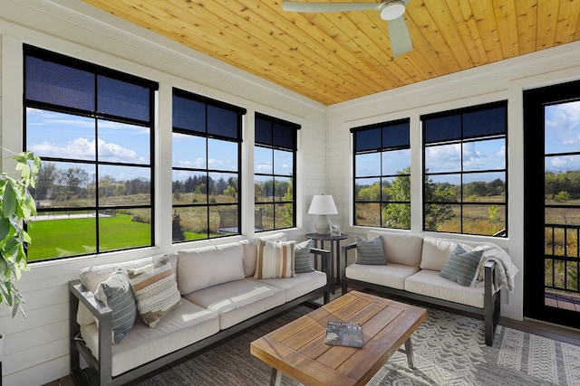 sunroom featuring ceiling fan and wood ceiling